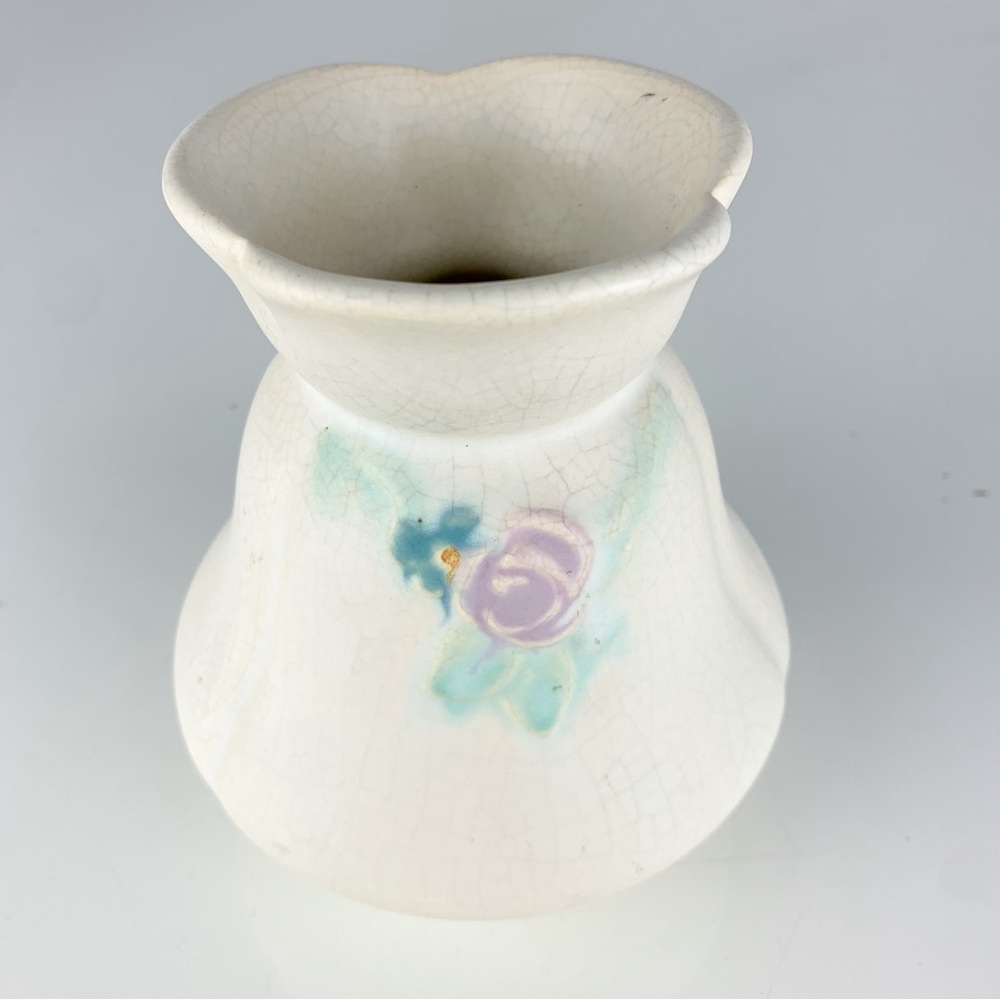 Vintage Weller Art Pottery Floral Vase Matte White Crazed Rose Leaves Vines